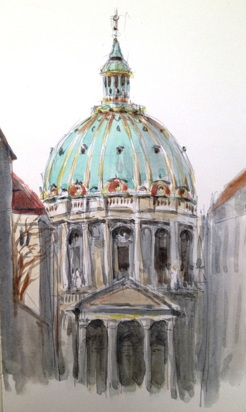 Frederick's Church, a.k.a. the Marble Church, Copenhagen. Green and gold confectionary dome sketched from the central courtyard of Ameliaborg Castle, where I was waiting for the noontime Changing of the Guard. 