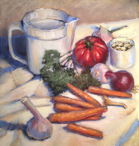 More Danish food obsession- these are a few things we picked up at Torvehallerne, the farm market in Copenhagen. The little carrots are wonderfully sweet, the garlic is very fresh, but the beautiful ruffled tomato is something of a mystery.