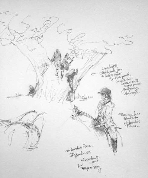 More sketches- just quick studies- a great oak tree by the water hazard pond, filling up rapidly with tree-climbing spectators. Lower right, a rider resting her horse, white-gloved hand on its withers. Pencil in 8 1/2" x 11" Robert Bateman Sketchbook.