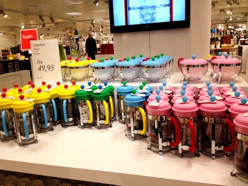 Bodum coffee press pots and tea strainers. Nice colors.
