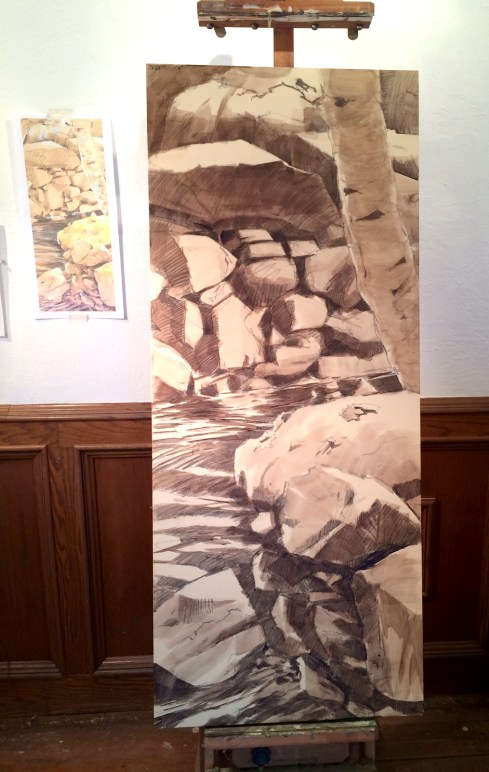 Early 19th century malt mill with American Redstart. This is the first round of color wash over the pencil, mostly burnt umber mixed with ultramarine acrylic and a little glazing liquid. Big wide brush. Fun and fast.