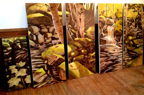 The collection, so far. Left to right, chestnut sided warbler at Doyle's cellar; American redstart at Wing Spooner's malt mill, ovenbird at Spooner's mill, myrtle warbler at Nelson's cider mill, and Louisiana waterthrush at the cider mill. Acrylic and graphite on wood panels, 48" x 20" (except for the first one, at 12" x 30")