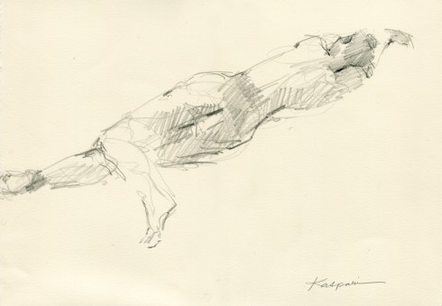 Almost casual, stretched out with one foot kicked back. 6B pencil on Rives BFK 11" x 15" 