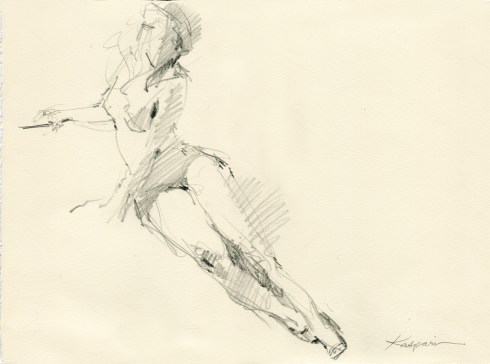 Red spike heels and a black beret and strong light and three minutes. 6B pencil on Rives BFK paper, 11" x 15"