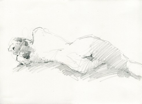 On side, back view, one hand under her head. Pencil on Rives BFK 11" x 15". Another 3 minute pose.