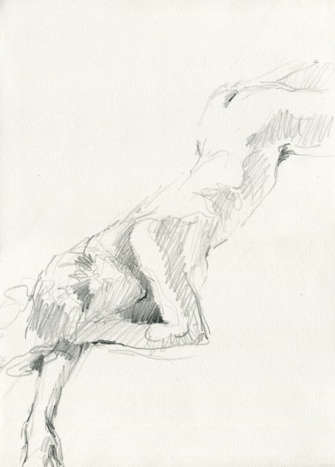 Stretched across the page, resting. Pencil on Rives BFK 11" x 15". 6 minute pose.