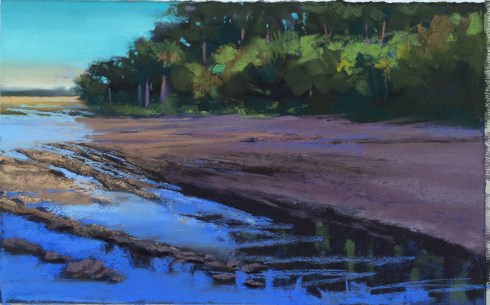 The tide poured back into the marsh before the sun went down. This is at a spot called Palmetto Point. Very flat. The muddy bottom was dry when I started and when I finished, the water was up to the treeline. Not because I paint that slow, but just because the water comes in really, really fast. Pastel on sanded paper, approximately 14" x 12".