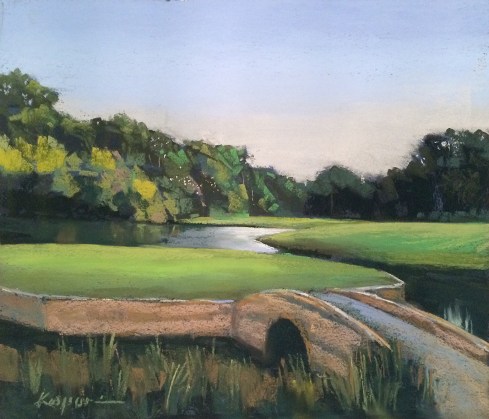 The course at Spring Island features sand traps, water hazards and wood storks. The 16th hole includes the rookery. Pastel on sanded paper, 14" x 12". Demo for the advanced pastel class, Spring Island. 